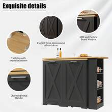 360° Rotating Kitchen Island, Multifunctional Storage Cabinet With Folding Doors And Side Shelves, Extendable Console Table For Kitchen, Dining Room And Living Room - Black - View 5