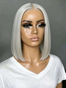 Silver Grey 200 Density Short Straight Lace Front Wigs Human Hair Glueless Human Hair Wig Brazilian Virgin Silver Gray Colored 13x4 HD Transparent Natural Straight Bob Lace Frontal Wig Pre Plucked Bleached Knots - Grey - View 2