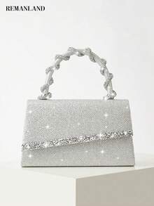 REMANLAND Women's Silver Glitter Rhinestone Evening Clutch Bag, Twisted Crystal Handle Handbag, Elegant Formal Purse For Wedding, Party, Prom, Cocktail, Banquet - Silver - View 1