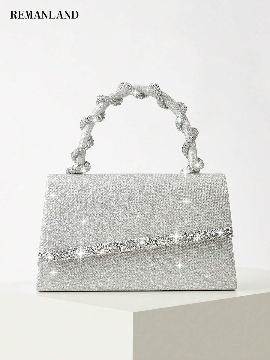 REMANLAND Women's Silver Glitter Rhinestone Evening Clutch Bag, Twisted Crystal Handle Handbag, Elegant Formal Purse For Wedding, Party, Prom, Cocktail, Banquet - Silver - View 1
