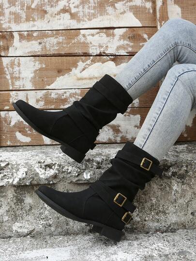 Women's Chunky Heel Boots, Autumn/Winter Ruched Mid-Calf Solid Color Boots