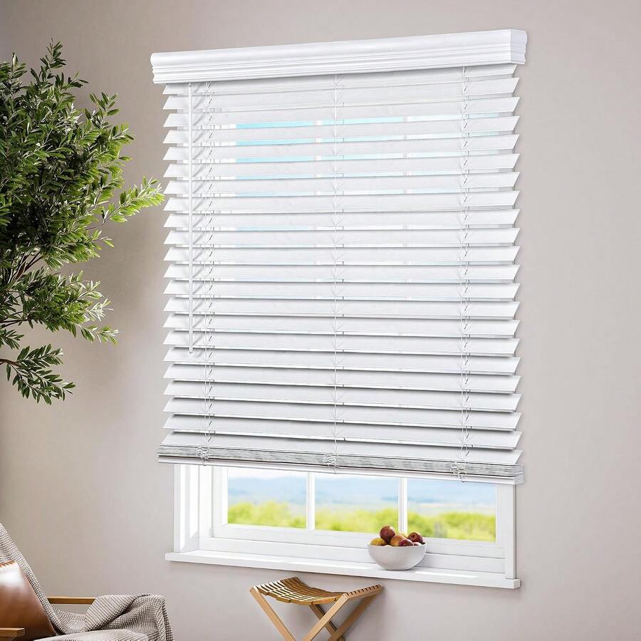 Cordless Faux Wood Blinds, 30" W X 60" H, White | Room Darkening & Light Control, 2 Inch Horizontal Window Blinds With Crown Valance, Blinds Variant 1 - White - View 1