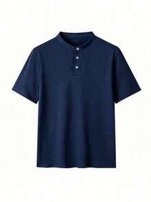 Camiseta casual de manga corta con cuello Henley para hombre, adecuada para uso diario y estilo casual de negocios - Azul Marino - Ver 6