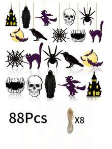 88 Peças Decorações de Madeira Penduradas de Halloween, Decoração de Árvore de Halloween, Enfeites de Madeira Góticos Coloridos Vazados e Esculpidos com Corda, Adequado para Decoração Interna de Festa de Árvore Pequena em Casa (Estilo Fashion) - Visão 10