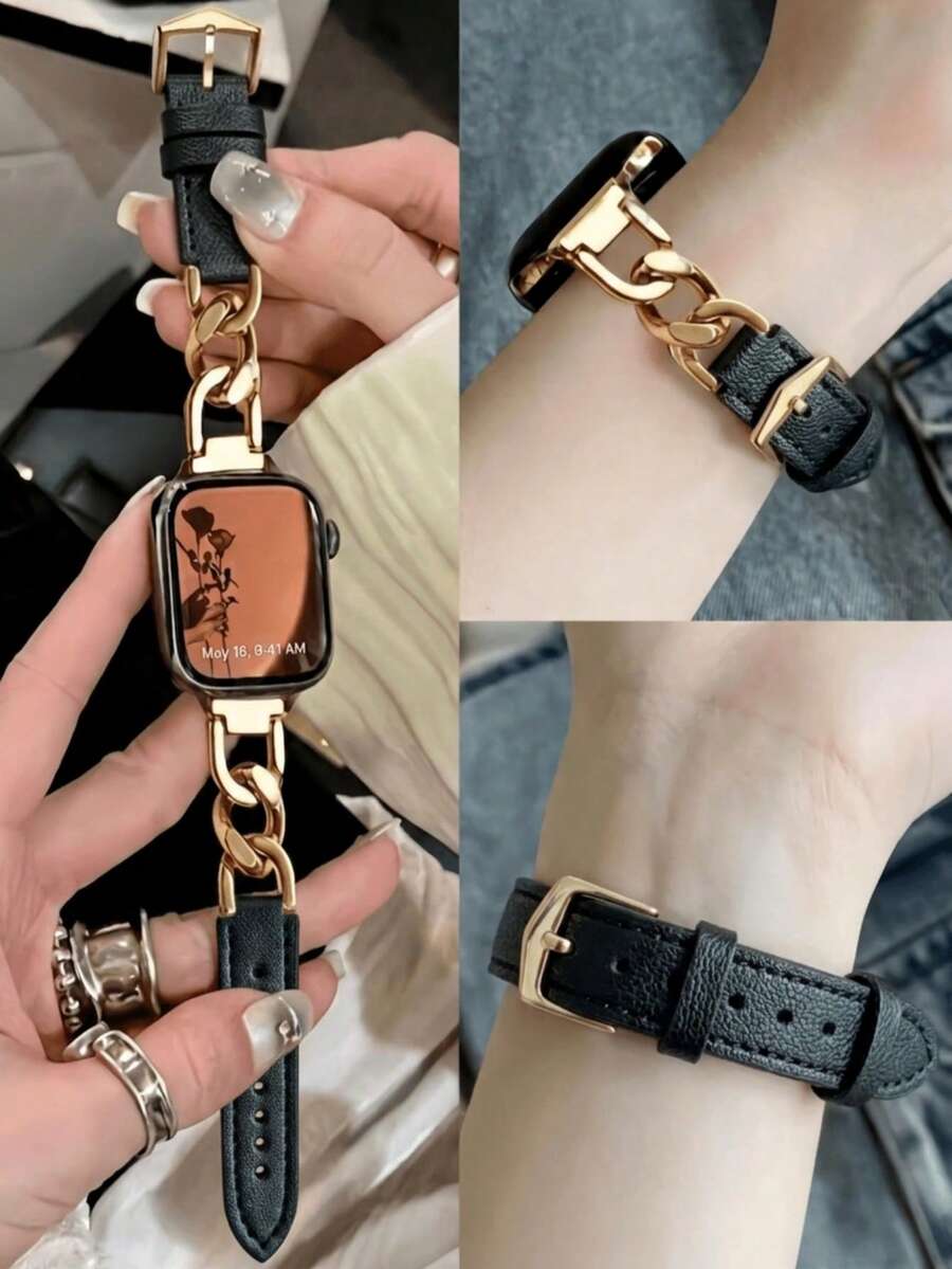 1件優雅鏈條與黑色微纖維錶帶，適用於 38/40/41/42/44/45/46/49mm 1-11 系列，女士時尚替換錶帶