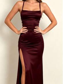 Gaun Maxi Satin Off Shoulder Asimetris Bertali Silang Gaya Retro Y2K Terbaru 2026, Potongan Belakang dengan Tali Pengikat, Belahan Tinggi, Bodycon, Cocok untuk Musim Gugur, Musim Dingin, dan Malam Hari untuk Pernikahan. - merah tua - View 2