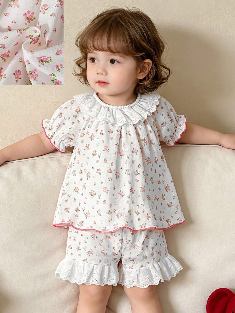 2pcs/Set Cute Baby Pink Floral Bubble Crepe Round Neck Short Sleeve + Shorts Pajama Set, Comfortable And Soft Spring/Summer Loungewear - Pink - View 1