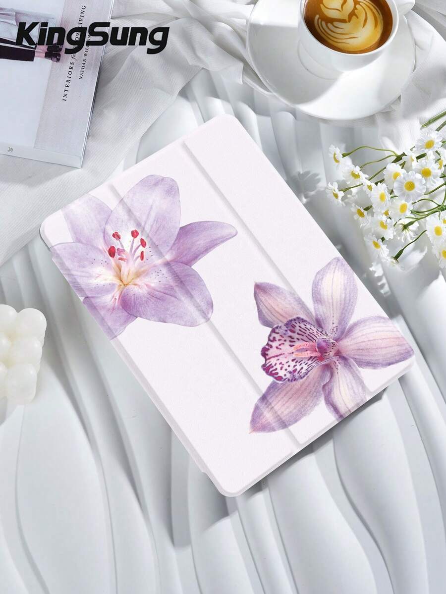 Kingsung 紫色花卉圖案平板保護殼，相容 iPad 9.7/10.2/10.5/10.9/12.9/Pro 11、第 10 代，相容 Galaxy Tab S6 Lite 10.4 吋，相容 Kindle Paperwhite 第 12 代 2024、Kindle (第 11 代) 2022 版，柔軟防摔，智慧支架/自動喚醒/睡眠