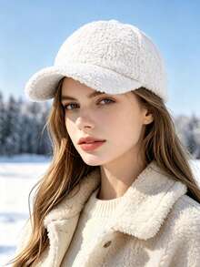 1pc Women's Solid Color Lambswool Fashion Curved Brim Baseball Cap, Plush Baseball Cap, Autumn/Winter Outdoor Golf Sports Hat, Suitable For Daily Wear, Warm And Cold-Proof - Sherpa Baseball Cap - View 2