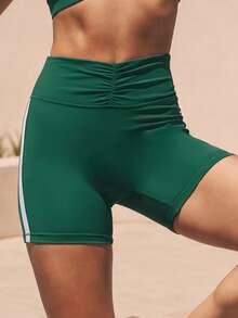 Women's Colorblock Tummy Control Ruched High Waist Butt Lifting Sports Shorts With Side Stripes - Green - View 5