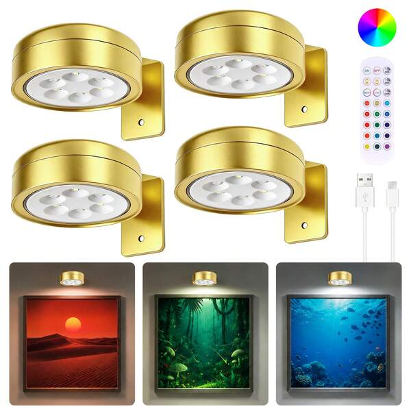 6/4 Pack Picture Lights For Wall, RGB Color Changing Led Art Display Light With Rechargeable Battery Operated, Magnetic Painting Light With Remote Control, Wireless Home Wall Decor Puck Light, Gold-RGB