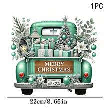 1/2/3PCS Water-Washable Heat Transfer Print, Vintage Mint Green Pickup Truck Loaded With Gift Boxes, Christmas Tree, Lanterns And Greenery, Paired With MERRY CHRISTMAS English Text, Fresh Healing Style Christmas Pattern, Suitable For T-Shirts, Bags, Pillows. - Multicolor - View 8