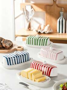 1pc Hand-Painted Line Ceramic Dish With Lid, Classic Minimalist Ins Style Highly Attractive Ceramic Butter Box, Dessert Plate, Kitchen Dessert Table Decor, Tabletop Decoration, Essential Kitchen Item, Gift - View 7
