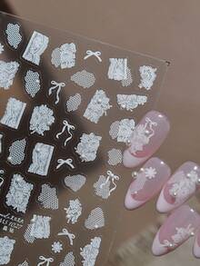 1件精緻5D 3D美甲貼紙，熱門DIY美甲貼紙，蕾絲與蝴蝶結裝飾 - 白色 - 查看 4