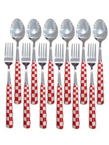 2/12pcs Unique Plaid Pattern Stainless Steel Cutlery Set, Elegant Porcelain, Multiple Colors, Includes Ceramic Handle Utensils, Creative Kitchen, Includes Forks And Spoons, Suitable For Daily Dining - Multicolor - View 16