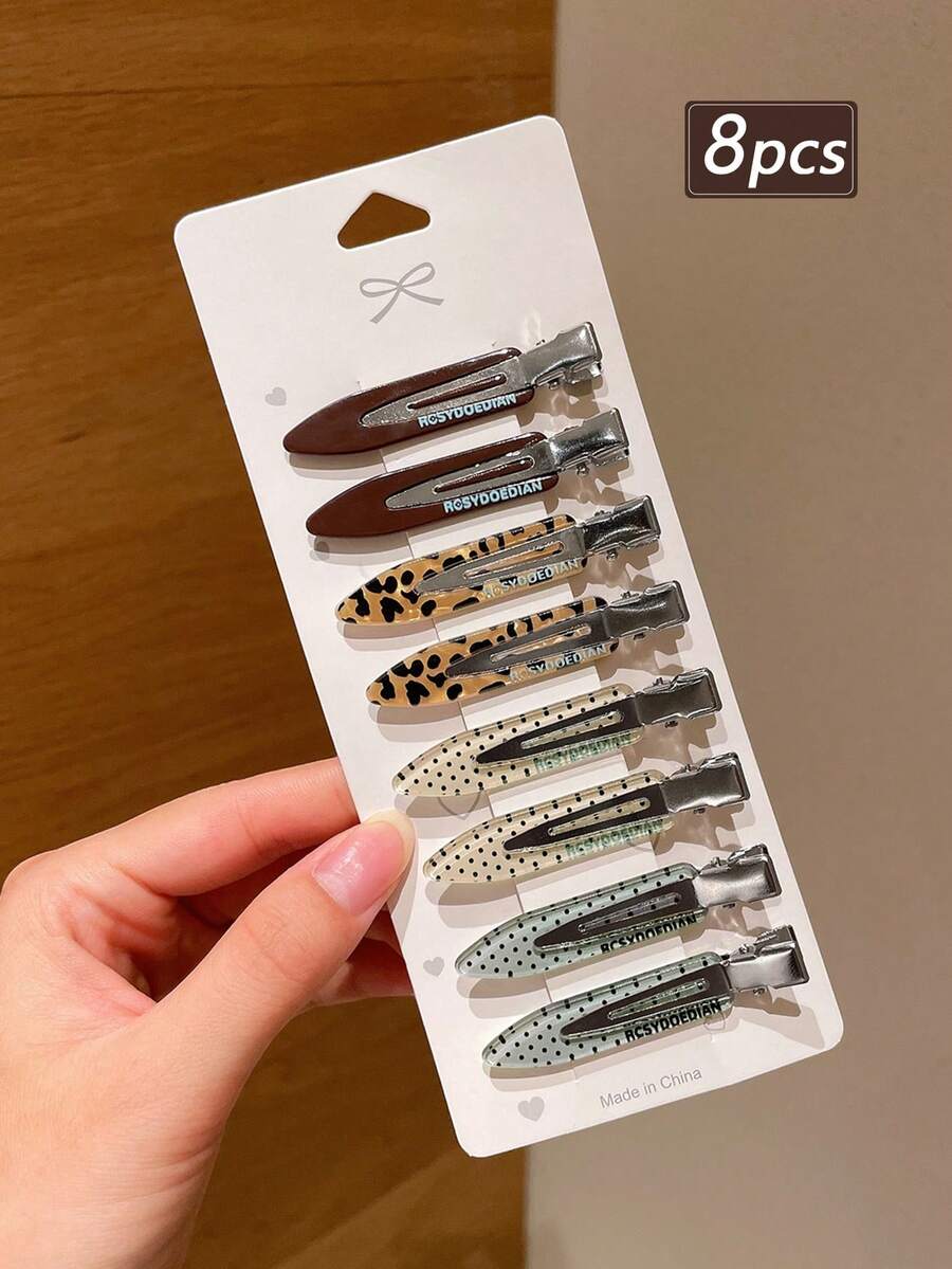 8件裝時尚水滴形長款豹紋髮夾，防滑髮飾，優雅女款髮夾，適合豐盈頂部造型，適用約會、海邊度假、搭配洋裝、日常外出、髮型裝飾配件、日常聚會、情人節禮物，青春感，滿足日常搭配需求，海邊度假易打造，實用單品