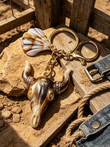 1pc Vintage Western Bull Skull Keychain With Small Bell, Gold Hardware Bag Charm, Cowboy Ranch Accessory - Multicolor - View 6