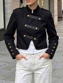 GMFP Women's Casual Elegant Fashion Loose Stand Collar Short Jacket Black - Black - View 5