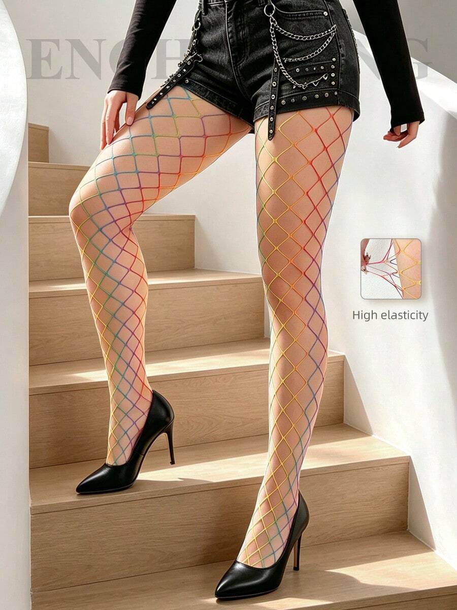 Rainbow Gradient Large Mesh Fishnet Tights, High Elasticity Breathable Snag-Resistant Y2K Millennium Hot Girl Music Festival Personalized Colorful Mesh Stockings - Multicolor - View 1