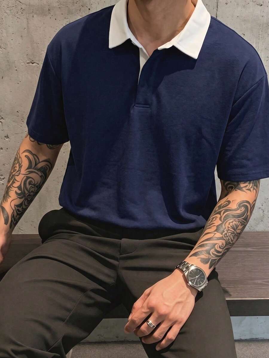 Men's Contrast Color White Collar Short Sleeve Polo Shirt, Loose Vintage Style Casual Top