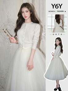 Y6Y Sweater Kardigan Rajut Slim Fit Lengan Panjang Minimalis Warna Solid Putih untuk Wanita - Putih - View 10