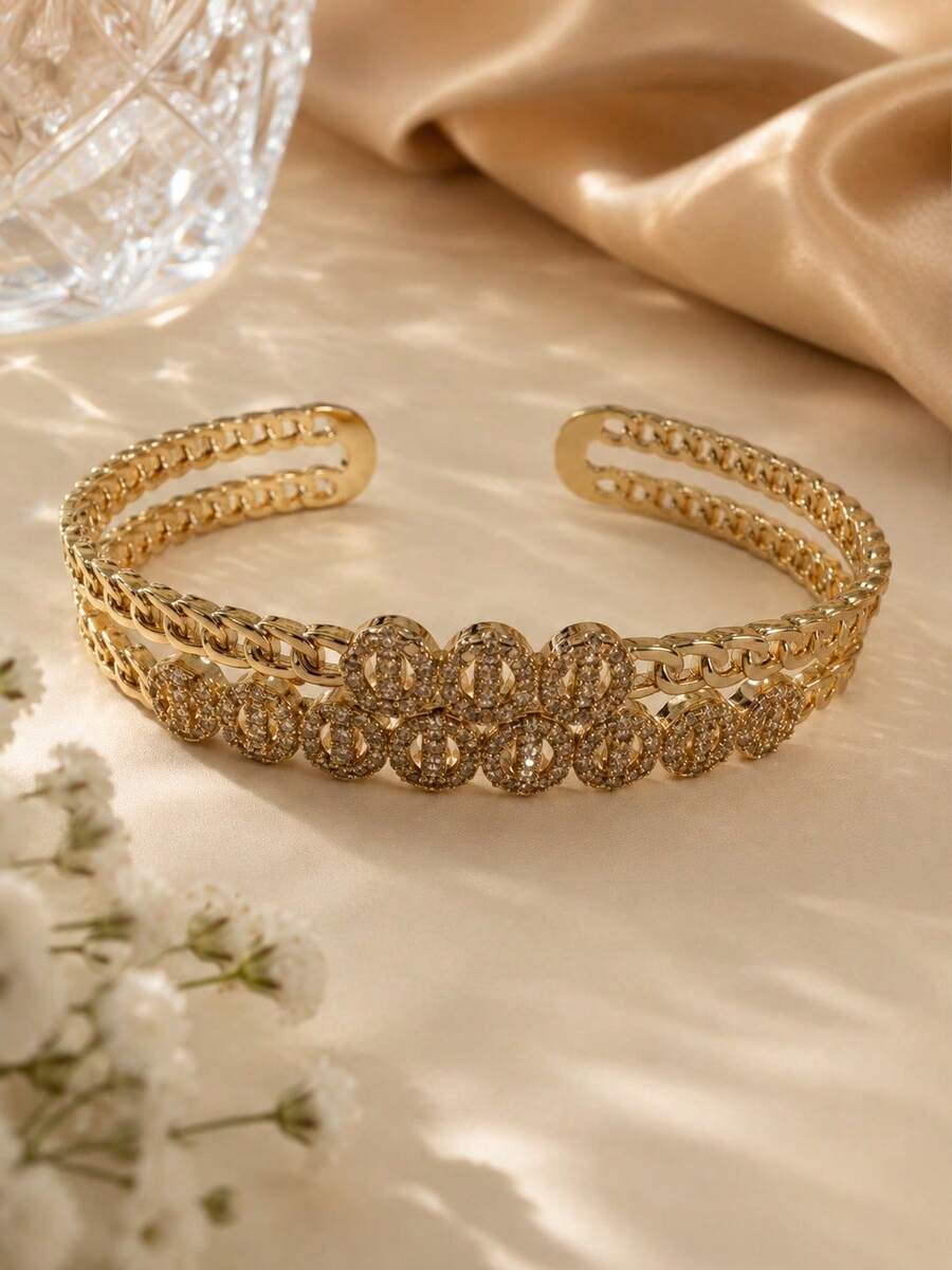1pc Luxury Wedding Three-Row Exquisite Women's Wide Bracelet, Fashion Open Design Bride Gift Elegant Hand Accessory - Bracelet - View 1