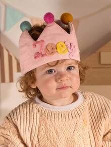 Customized Knitted Name Baby Crown Beanie, Colorful Pom Pom Decoration, 1st Birthday Photo Prop - Multicolor - View 2