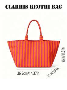 Tas Tote Kanvas Garis Vertikal Blok Warna, Pilihan Warna Beragam, Tas Bahu Genggam Kapasitas Besar untuk Belanja Sehari-hari dan Perjalanan Pantai - MultiWarna - View 4