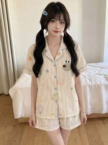 女士休闲卡通小狗条纹印花翻领短袖睡衣套装（2件套），夏季 - 杏色 - 查看 1