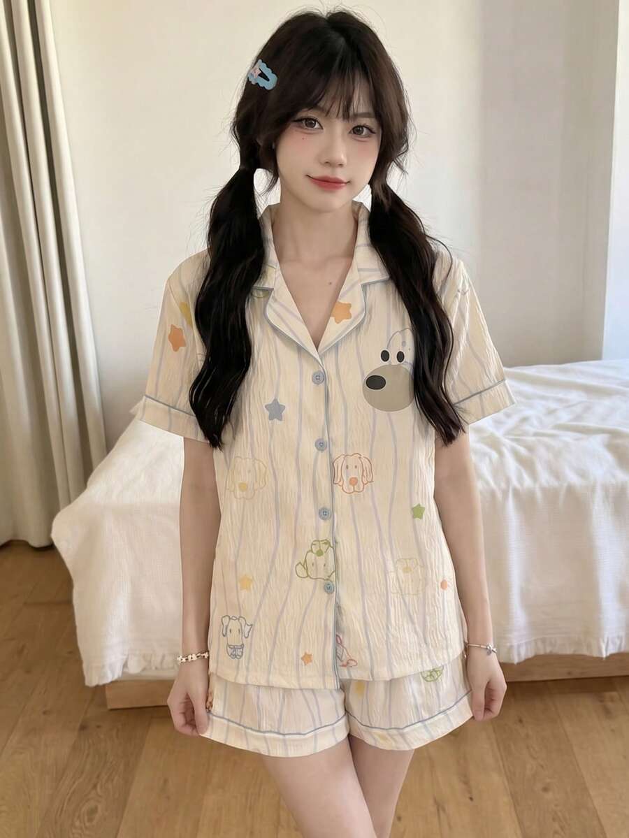 女士休闲卡通小狗条纹印花翻领短袖睡衣套装(2件套),夏季 - 杏色 - 查看 1