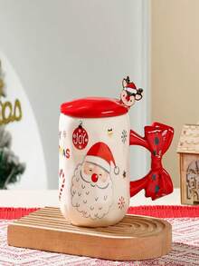1pc Christmas Ceramic Mug With Bow-Shaped Handle, Santa, Snowman & Reindeer Pattern Coffee Cup, Red Lid And Cute Stirrer Included, Holiday Table Decoration, Festive Drinkware For Coffee & Cocoa, Ideal Christmas Gift For Family And Friends - Multicolor - View 10