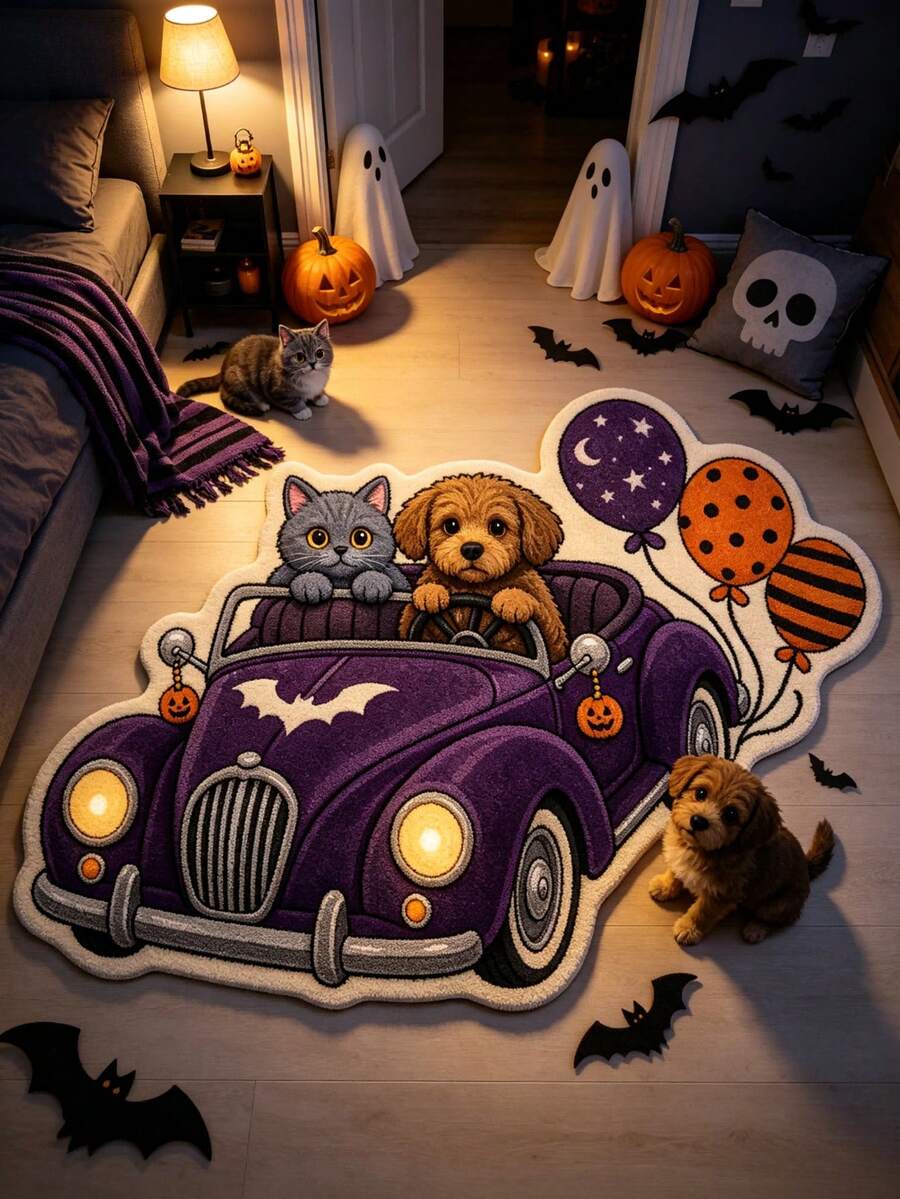 1pc Cat & Dog Driving Purple Vintage Car Shaped Rug, Dark Quirky Style, Halloween, Doormat, Small Rug, Welcome Mat, Carpet, Floor Mat, Outdoor Doormat, Kitchen Rug, Garden Rug - Multicolor - View 1