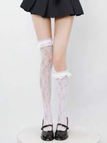 1pair Women's Lace Floral Thigh High Stockings - White - View 4
