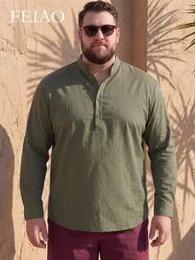 FEIAO Men's Loose Fit Vintage "Old Money Style" Solid Color Stand Collar Shirt, Linen-Like Fabric, Suitable For All Seasons - Army Green - View 6