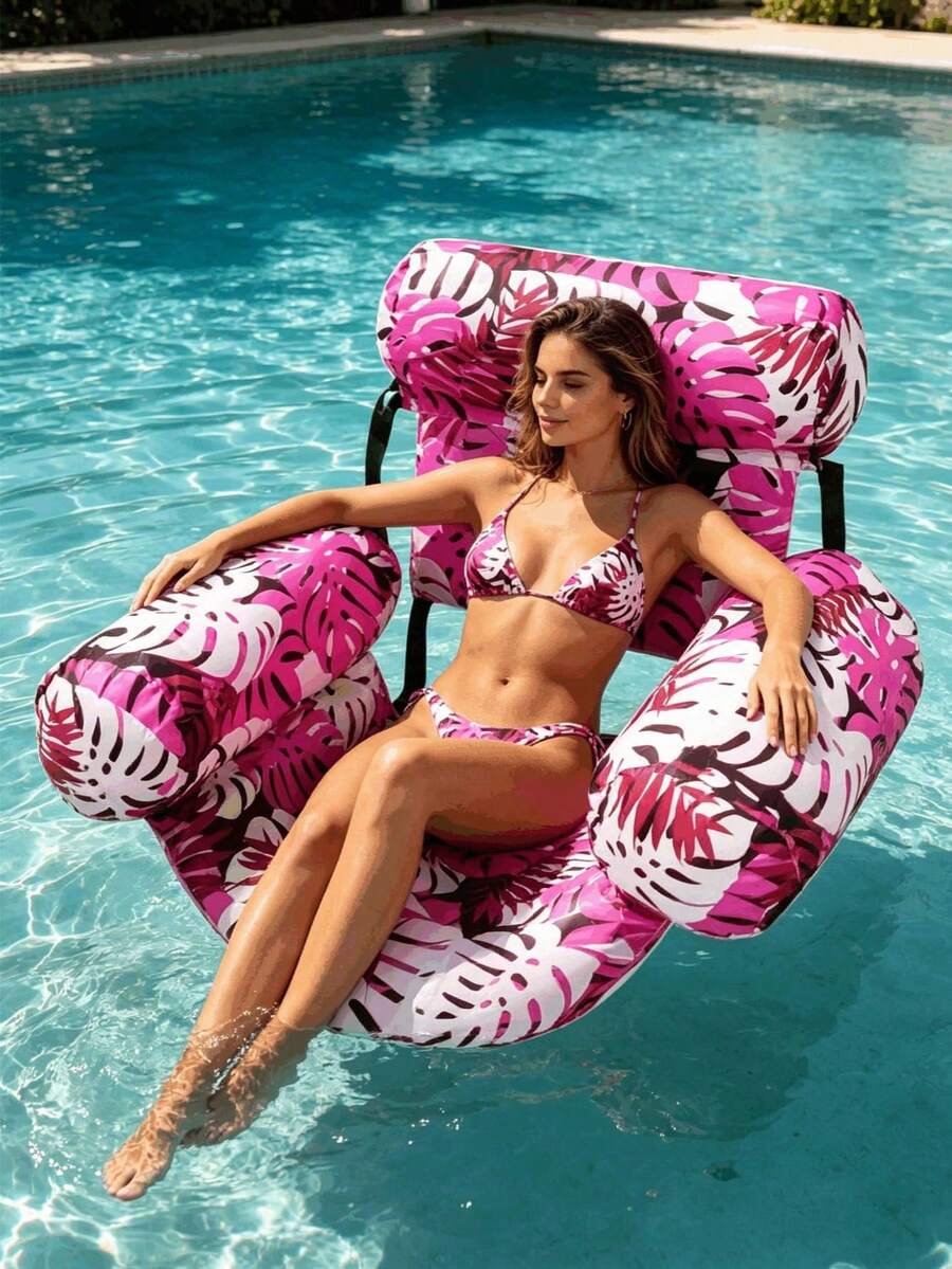 1pc Adult Inflatable Pool Float Chair, Vibrant Colors, Durable Polyester Hammock With Armrests And Support, Starfish, Shell, Maple Leaf And Tropical Leaf Elements, Suitable For Beach, Lake And Swimming Pool