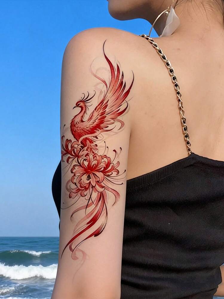 1件紅色墨水鳳凰彼岸花細長垂直條紋臨時紋身貼紙，逼真假紋身設計，適合日常、單身派對小禮物、音樂節、遊戲、畢業禮物，可維持3-5天 - 彩色 - 查看 3