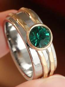 Gmzalx Women's Luxury Vintage Ring, Green Contrast Striped Design, Sparkling Elegant Style, Suitable For Daily Wear, Commuting, Party And Gift - Two-color - View 11
