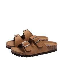 CAMEL CROWN Women's Double Buckle Cork Sole Sandals, Adjustable Slip-On Slides, Open Toe Comfortable Sandals, Lightweight Casual Summer Beach Slippers - Brown - View 3