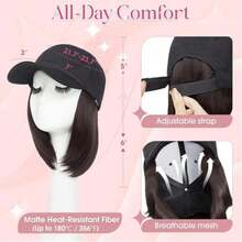Wig, Baseball Cap With Hair Attached For Women, Adjustable Hat Wig With Heat Resistant Synthetic, 6 Inch, Baseball Cap With Hair Extensions In Straight Or Curly Styles - Multicolor - View 2