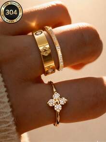 ZCNC Znice 2026 新款 304 不鏽鋼 18K 金鍍層可疊戴戒指組，女款，3 件裝三葉草與滿鑽個性化戒指，低過敏極簡主義珠寶，母親節禮物，夏季度假配件 - 金色3 - 查看 9