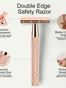 Rose Gold Double-Edge Razor, 10 Blades, Unisex, Reusable, Suitable For Home And Travel, Facial Care Tool, Women's Razor Blades, Razor, Hair Removal, Travel, Women's Razor, Women's Travel Essential, Razor, Accessories, Hair Removal Set, Bedroom, Cosmetics, Men's Razor, Facial Hair Remover, Razor, Unisex Hair Remover - Safety Razor - View 3