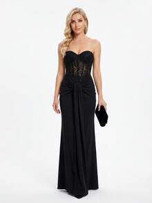 Women's Elegant Black Sleeveless Low Cut Neck Long Dress, Backless Woven Fabric Tank Style Gown With Slight Stretch - 黑色 - 查看 7