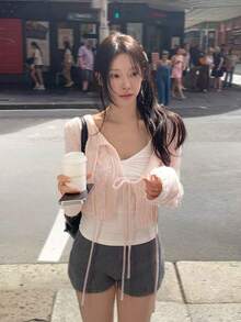 Korean Style Ins Elegant Gentle Short Cable Knit Cardigan With Tie - Pink - View 2