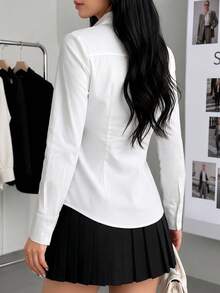 Women's White Slim Fit Long Sleeve Button-Up Shirt, Tailored Cut, Commute Office Business Casual Professional Top - White - View 2