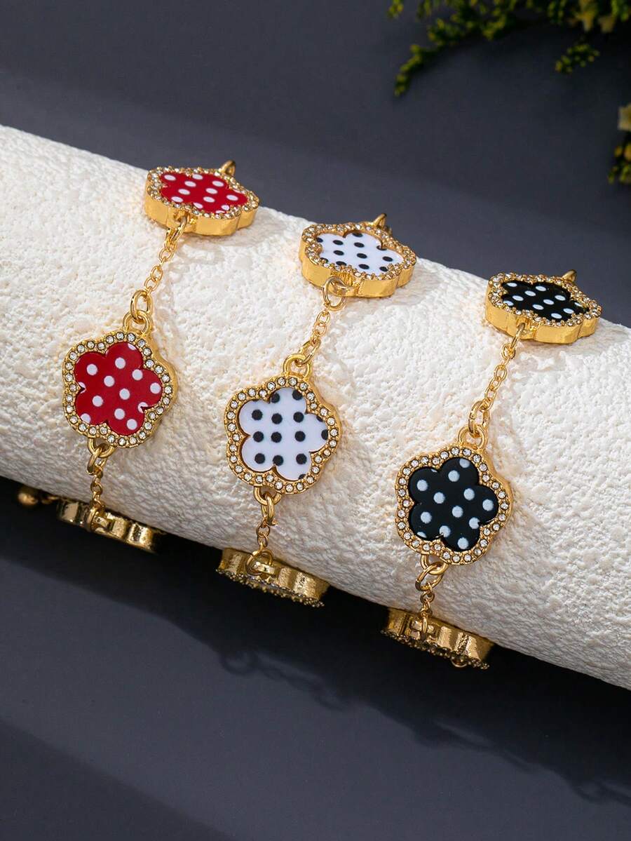3pcs/1pc Fashion Black White Red Polka Dot Pattern Zinc Alloy & Acrylic Material Lucky Five-Leaf Clover Bracelet For Women, Suitable For Daily Wear - Multicolor - View 1