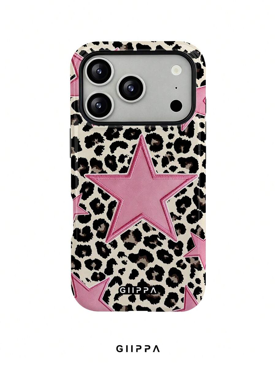 GIIPPA 1件豹紋底色與粉色五角星設計手機殼,相容於 Phone 17 Pro Max、16 Pro Max、15 Pro Max、14 Pro Max、11/12/13/14/15/16 Pro Max Plus,韓系高端時尚趣味手機殼,優雅設計適合男女使用,送給女友的完美禮物,適用於聖誕節、情人節、復活節、婚禮季和生日 - 彩色 - 查看 1