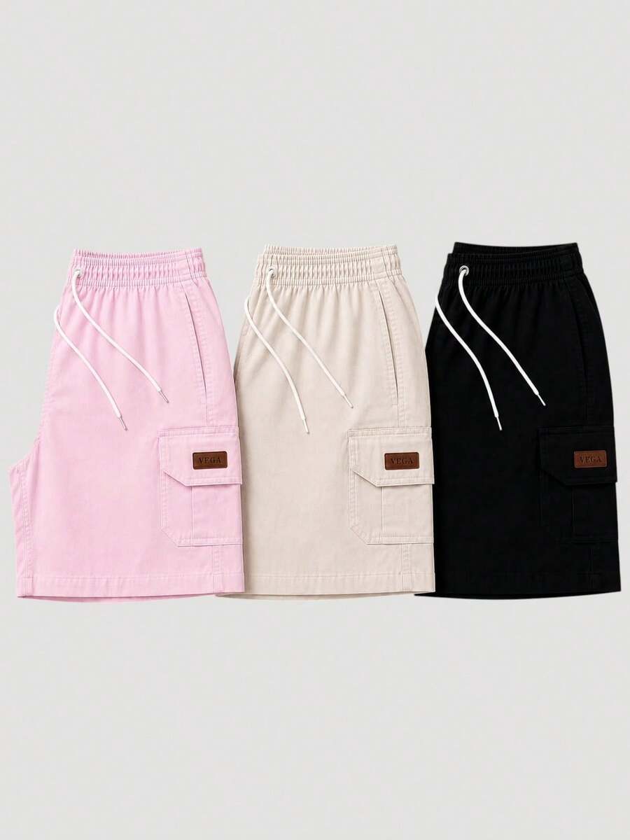 Kit 3 Bermuda Cargo De Linho Premium Shorts Mauricinho Masculino Casual Basico Confortavel Detalhe Etiqueta De Couro - Rosa Bebê - Visão 1