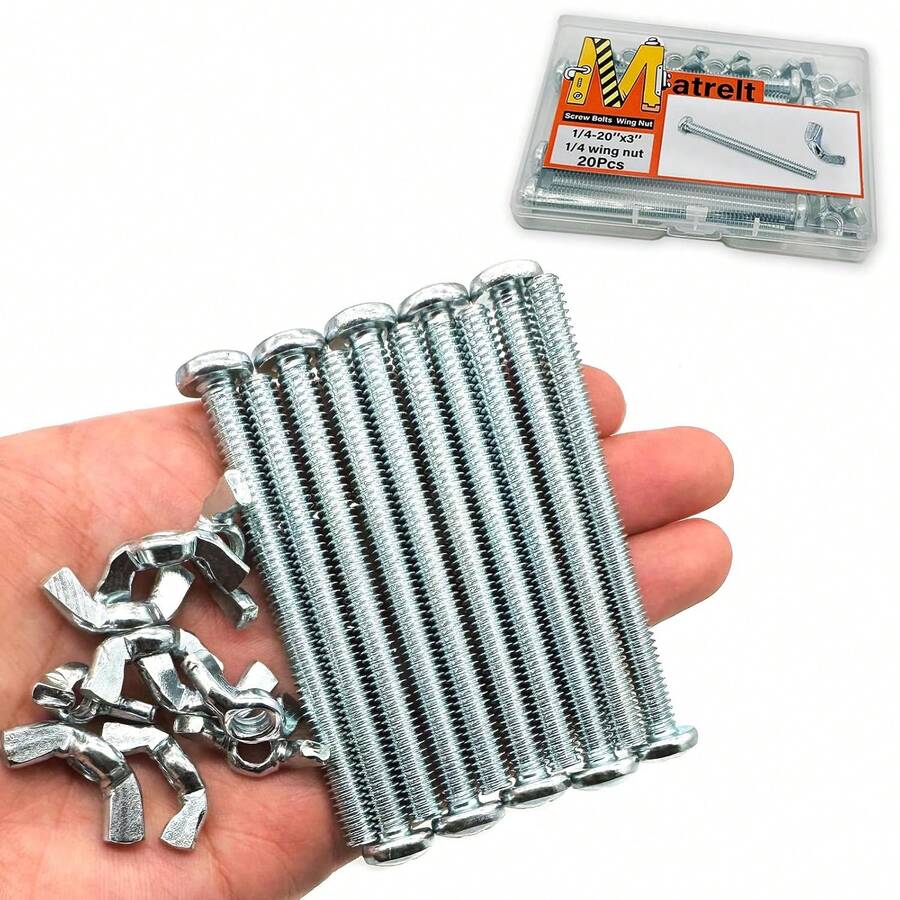 Matrelt 20Pack 1/4"-20 X3 Screw Bolts And Wing Nut Kit 10pcs Machine Screws With Round Head 10pcs Butterfly Hand Twist Tighten Nut Zinc - ColorE - View 1