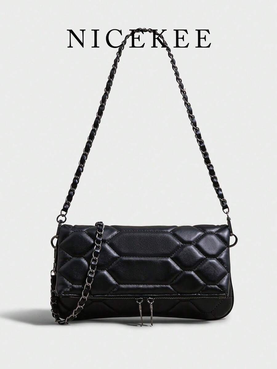 Bolso de hombro de piel sintética con solapa multicapa y cadena, almacenamiento compartimentado con bolsillos de doble cremallera, casual y versátil, adecuado para el desplazamiento diario y las compras - Negro - Ver 1