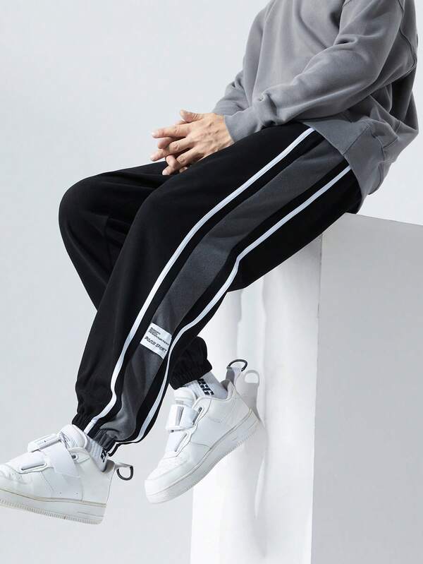 Men's Side Gradient Tapered Leg Sports Pants, Contrast White Stripe Casual Sweatpants, Loose Streetwear Long Pants